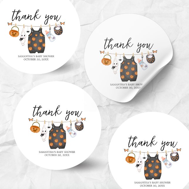 Pegatina Redonda Pequeño Bompkin Halloween Baby Shower (Little Boo Pumpkin Clothesline Halloween Baby Shower Sticker)