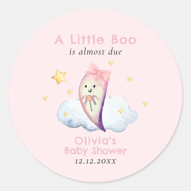 Pegatina Redonda Pequeño Boo Rosa Bow Chica Fantasma Baby Shower (Anverso)