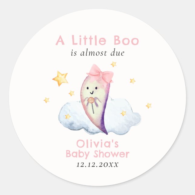 Pegatina Redonda Pequeño Boo Rosa Bow Ghost Halloween Baby Shower (Anverso)
