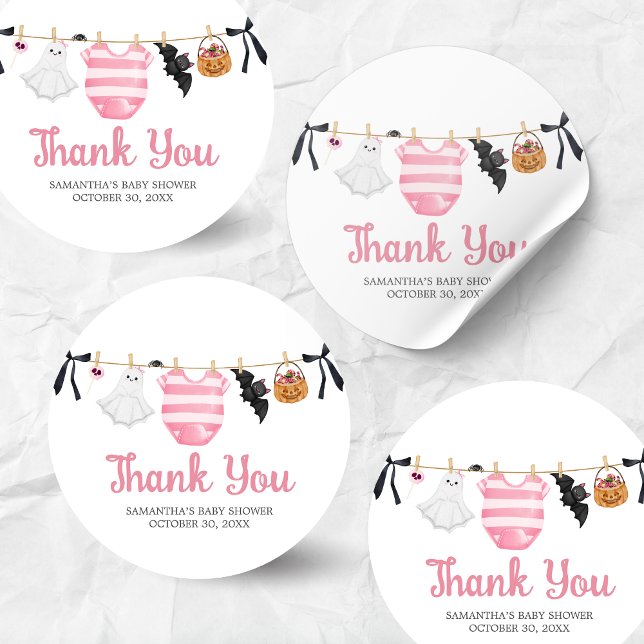 Pegatina Redonda Pequeño Bote Rosa Baby Shower (Girl Little Boo Halloween Clothesline Baby Shower Sticker)