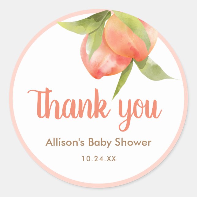 Pegatina Redonda Pequeño Chica de Peach Baby Shower Gracias Etiquet (Anverso)