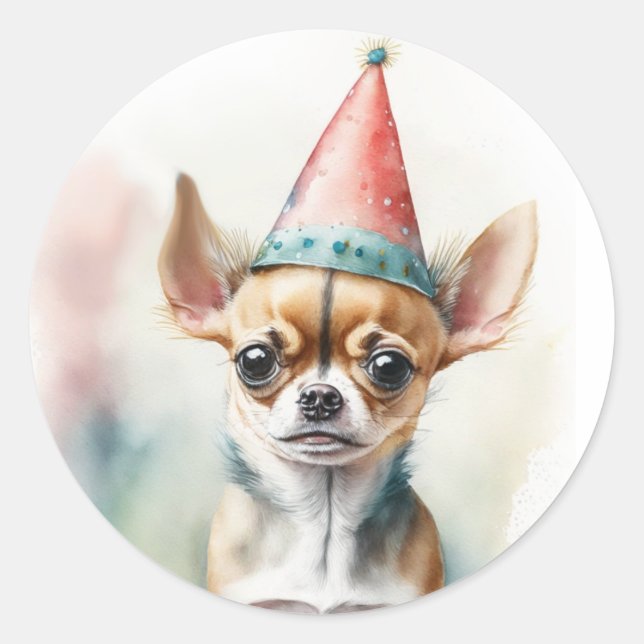 Pegatina Redonda Pequeño Chihuahua lindo con Gorra de cumpleaños (Anverso)