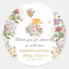 Pegatina Redonda Pequeño ciervo, tema de Baby Shower de la flor ros