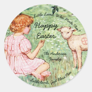 Pegatina Redonda Pequeño cordero vintage personalizado de Pascua