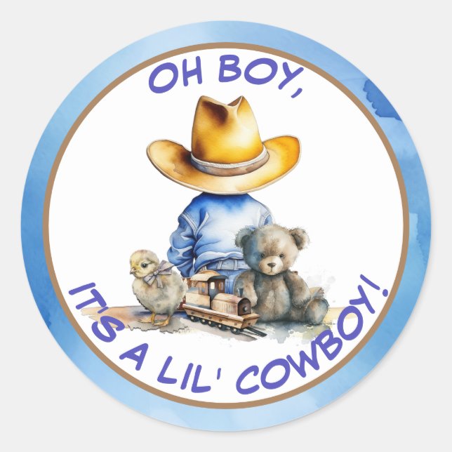Pegatina Redonda Pequeño Cowboy Thalem Baby Shower (Anverso)