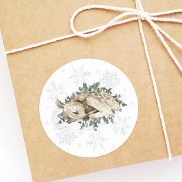 Pegatina Redonda Pequeño Deer Blue Green Winter Baby Shower
