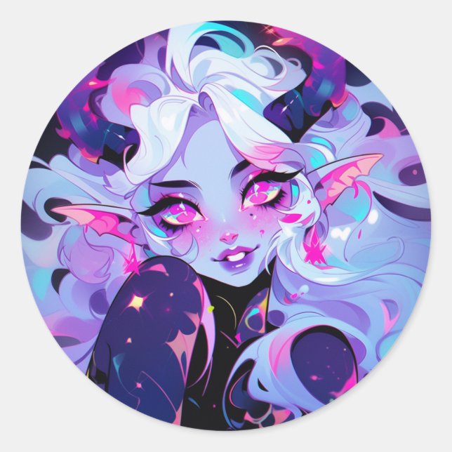 Pegatina Redonda Pequeño diablo de los kakuma blancos, negros y ros (Anverso)