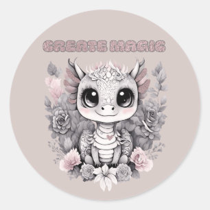Pegatina Redonda Pequeño Dragón "Crea Mágica" Rosa