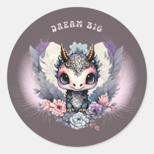 Pegatina Redonda Pequeño dragón "Dream Big" rosado y caprichoso
