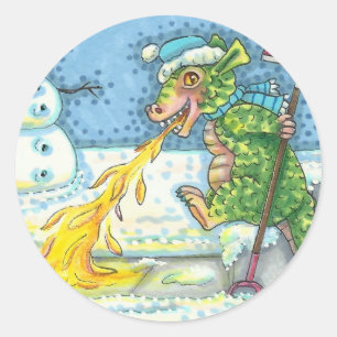 PEGATINA REDONDA PEQUEÑO DRAGÓN MELTING & SHOVELING NIEVE, DIVERTID
