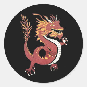Pegatina Redonda Pequeño dragón rojo con llamas de fuego de mané y 