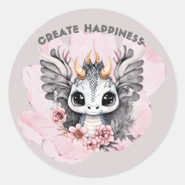 Pegatina Redonda Pequeño dragón rosado "Crea Felicidad"