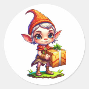 Pegatina Redonda Pequeño elfo lindo con Navidades de regalo