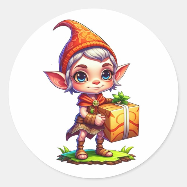 Pegatina Redonda Pequeño elfo lindo con Navidades de regalo (Anverso)