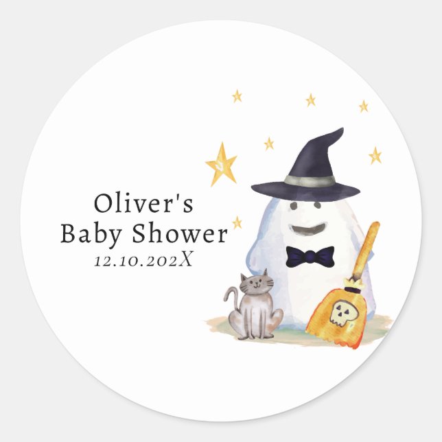 Pegatina Redonda Pequeño fantasma de bruja suave Baby Shower (Anverso)