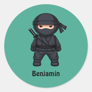 Pegatina Redonda Pequeño guerrero ninja en texto personalizado verd