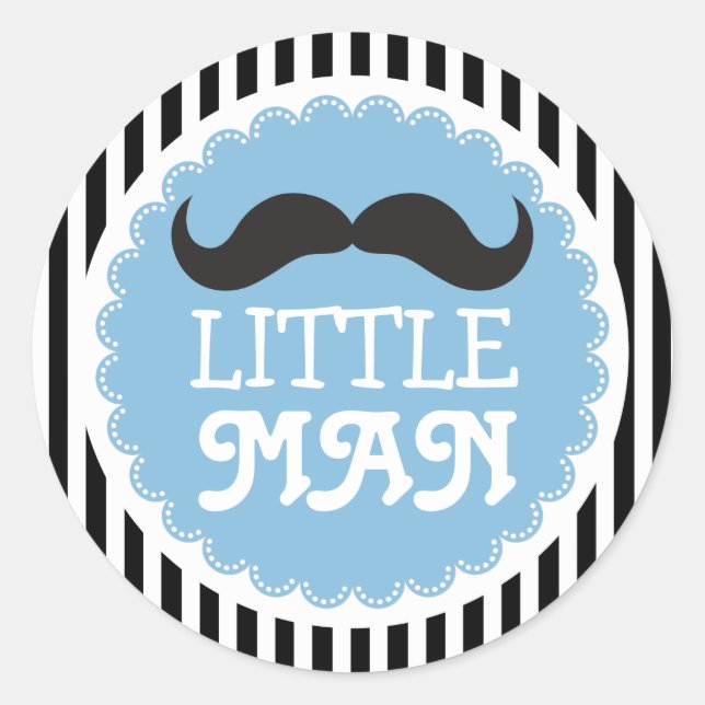 Pegatina Redonda Pequeño hombre de bigote, Baby Shower, rayas negra (Anverso)