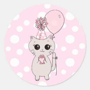 Pegatina Redonda Pequeño Kitten con globo de regalo de cumpleaños