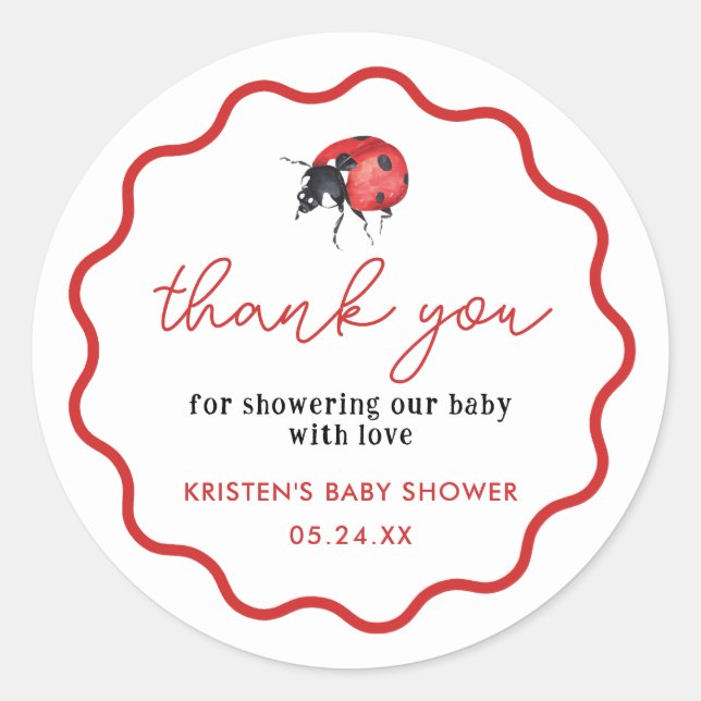 Pegatina Redonda Pequeño Ladybug Baby Shower Gracias A Favor (Anverso)