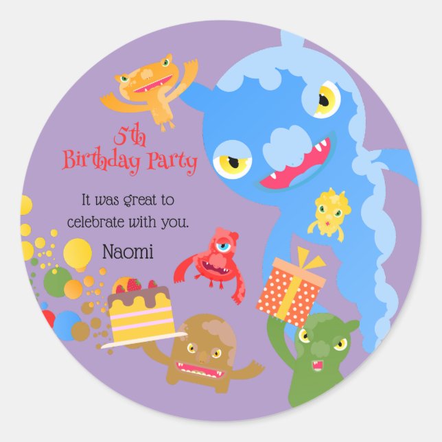 Pegatina Redonda Pequeño Monstruo Fiesta y fiesta de cumpleaños de  (Anverso)