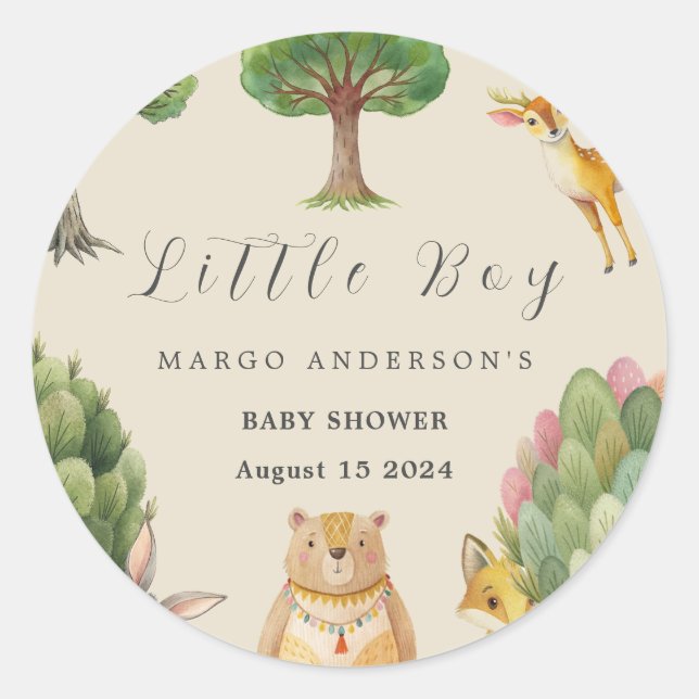 Pegatina Redonda Pequeño niño Boho Woodland Animals Baby Shower (Anverso)