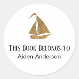 Pegatina Redonda Pequeño niño simple Purpurina de oro en barco de v