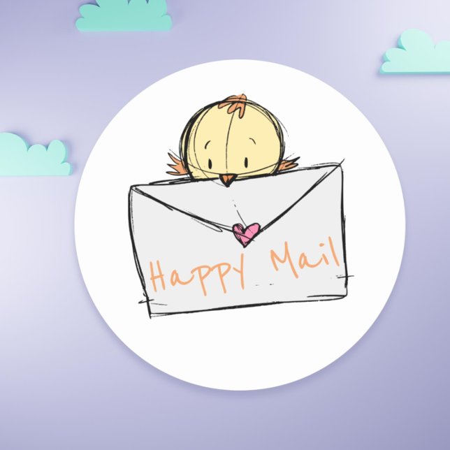 Pegatina Redonda Pequeño pájaro lindo volando con una carta Happy M (Cute little bird flying with a letter Happy Mail Classic Round Sticker)