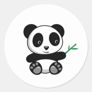 Pegatina Redonda Pequeño Panda lindo con palo de bambú