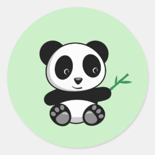 Pegatina Redonda Pequeño Panda lindo con palo de bambú verde