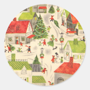 Pegatina Redonda Pequeño pueblo del navidad