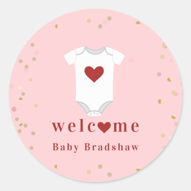 Pegatina Redonda Pequeño querido Bodysuit Valentine Baby Shower (Anverso)