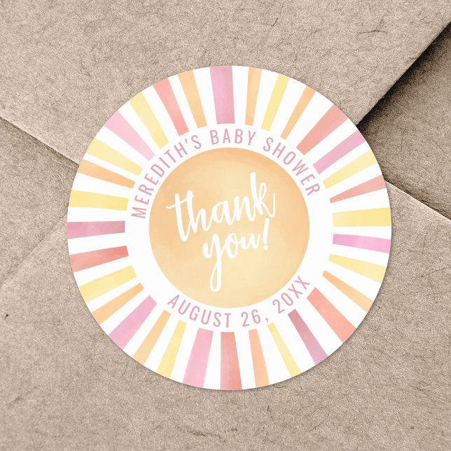 Pegatina Redonda Pequeño Rayo De Sol Rosa Bebé Sol Cumpleaños (Little Ray Of Sunshine Pink Sun Baby Shower Classic Round Sticker)