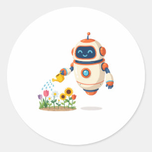 Pegatina Redonda Pequeño Robot Jardinero