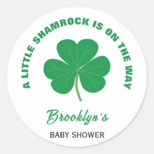 Pegatina Redonda Pequeño Shamrock Baby Shower Irlandés Blanco Y Ver
