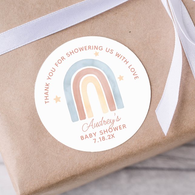 Pegatina Redonda Pequeño y bonito boho arcoiris Baby Shower Gracias (Cute Little Rainbow Boho Baby Shower Thank You Classic Round Sticker)