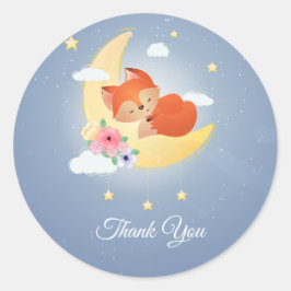 Pegatina Redonda Pequeño zorro lindo en el bosque lunar