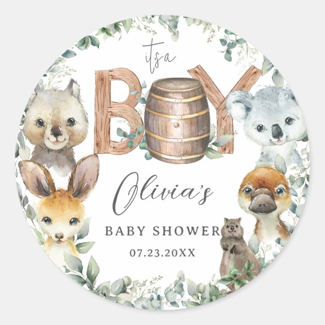 Pegatina Redonda Pequeños animales australianos Greenery Boy Baby S (Anverso)