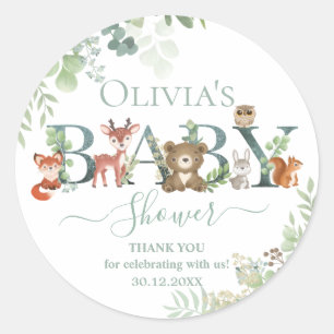 Pegatina Redonda Pequeños animales de Woodland Baby Shower Greenery