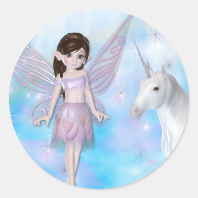 Pegatina Redonda Pequeños diseños de hadas con unicornio (Anverso)
