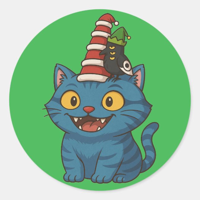 Pegatina Redonda Pequeños Gorras, gran alegría navideña (Anverso)