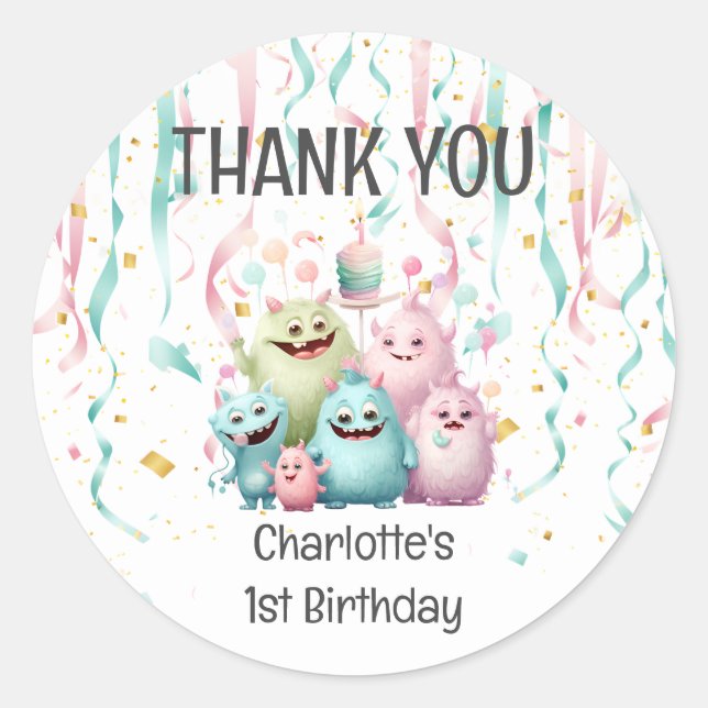 Pegatina Redonda Pequeños Monstruos. Primer Cumpleaños. Gracias (Anverso)