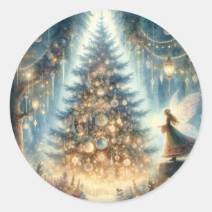 Pegatina Redonda Pequeños Navidades hadas en un bosque encantado