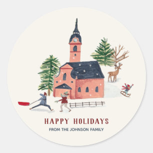 Pegatina Redonda Pequeños Navidades minimalistas de los pueblos nór