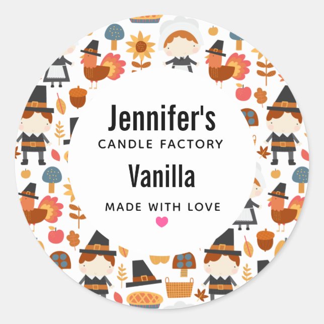 Pegatina Redonda Peregrinos de Acción de Gracias Cosecha Patrón Vel (Anverso)