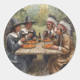 Pegatina Redonda Peregrinos e indios Pizza de pepperoni Cerveza neg