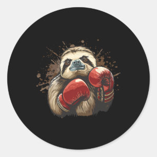 Pegatina Redonda Perezoso boxeando con guantes de boxeo Kickboxing
