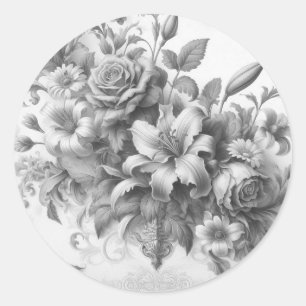 Pegatina Redonda Perfección floral de antigüedades en blanco y negr