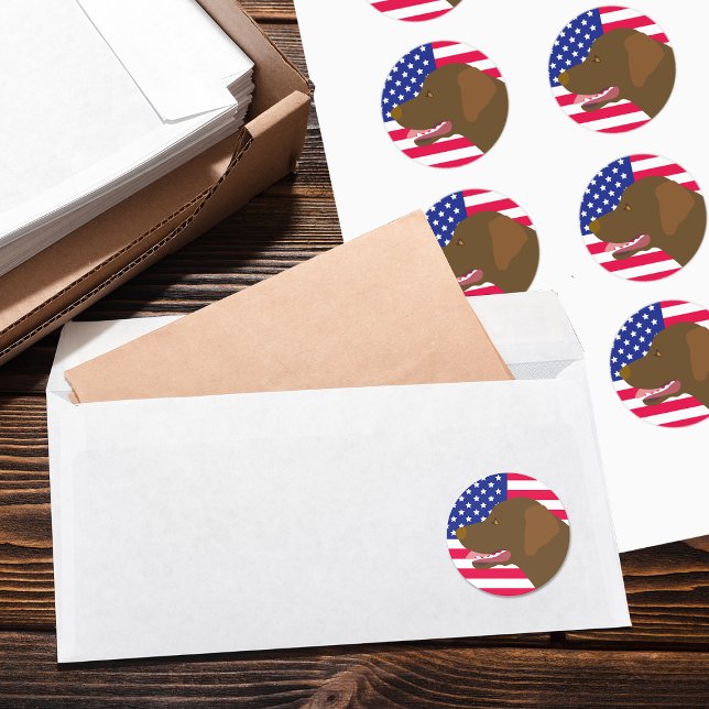Pegatina Redonda Perfil de Labrador de Chocolate Bandera de Estados (Chocolate Labrador Profile US Flag Stickers for Labrador Owners in the US.  Sweet expression of Lab.)