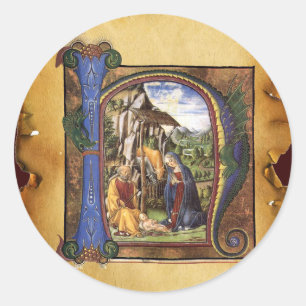 PEGATINA REDONDA PERGAMINO DEL NAVIDAD DEL MONOGRAMA DE LA