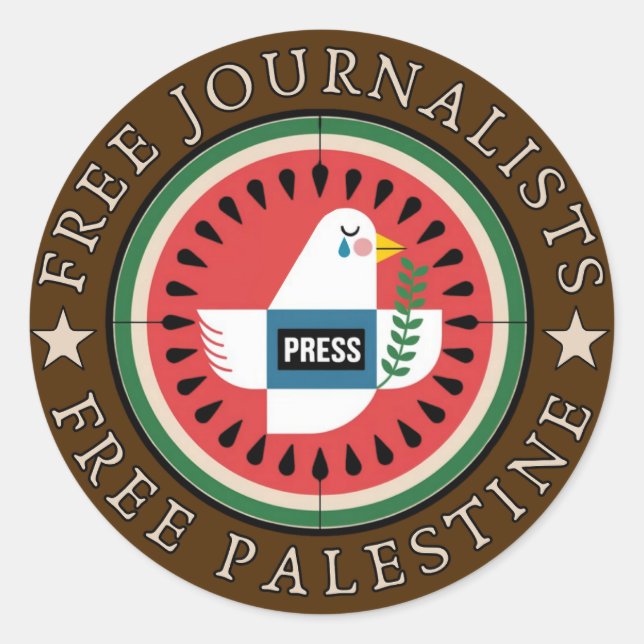 Pegatina Redonda Periodistas libres liberan a Palestina (Anverso)